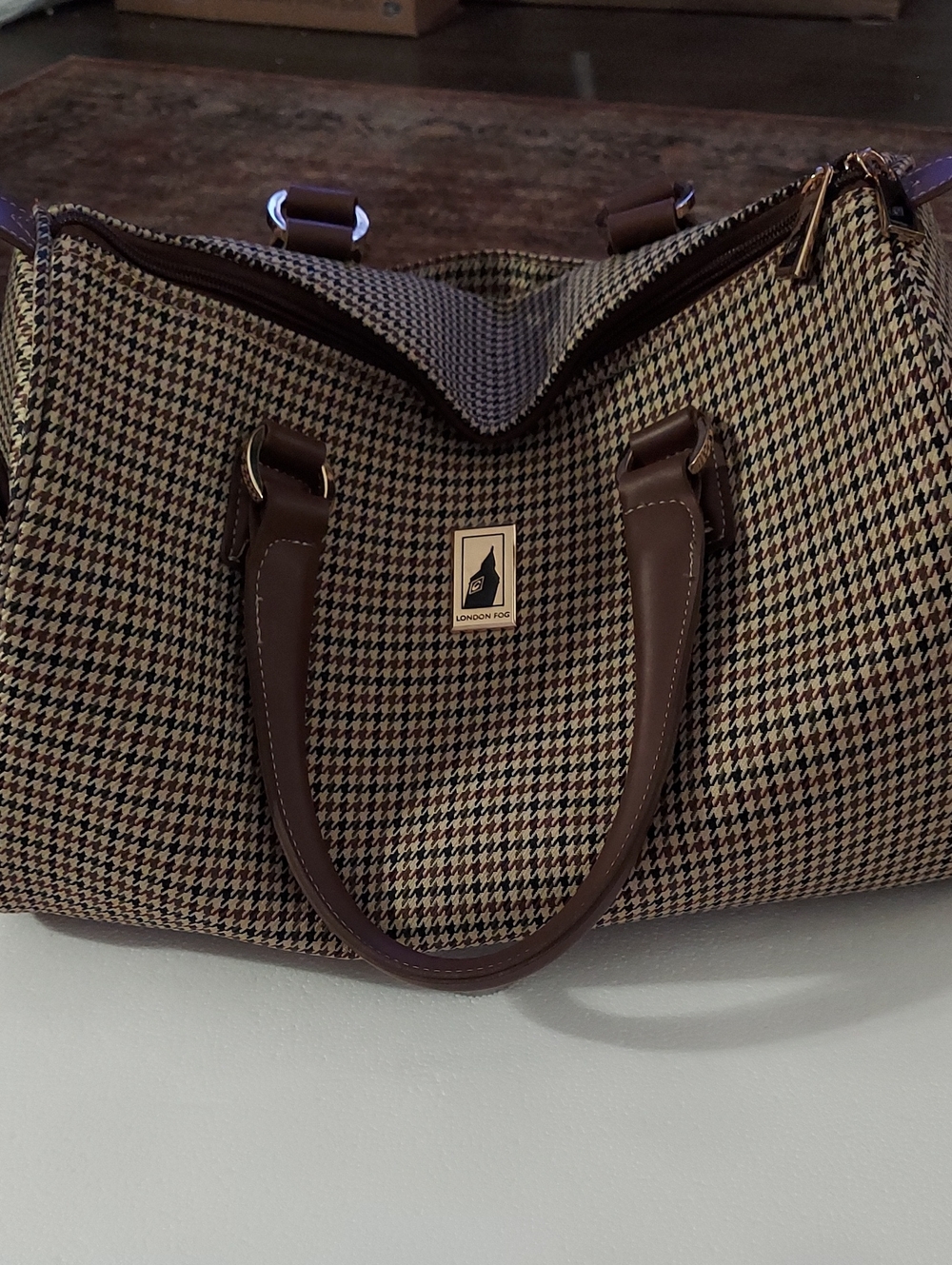 London Fog Brown Houndstooth Travel Tote with Gold Accents
